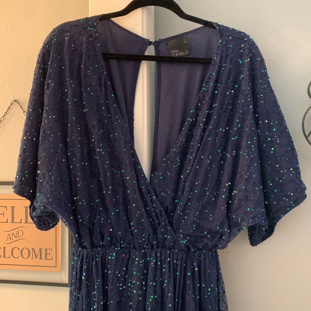 Midnight Sequin Kimono Sleeve Plunge Formal Gown with Split Leg Opening